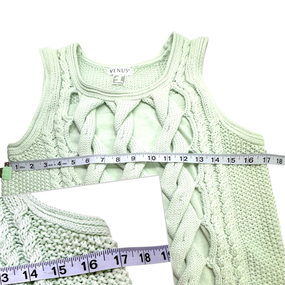 Asymmetric Cable Knit Tank Sweater Women M Seafoam Green Coastal Chunky Cozy Y2k - Picture 6 of 13